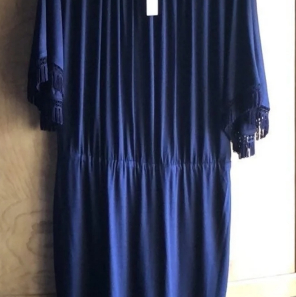 Trina Turk BIRD OF PARADISE Fringe Dress Navy Blue Large